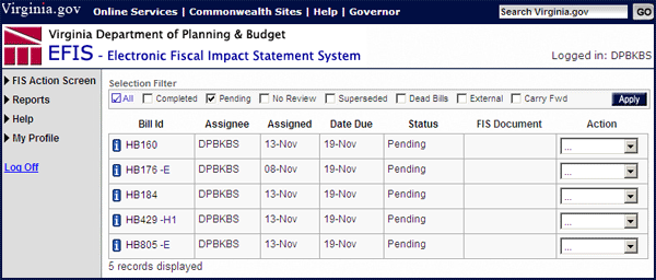 Electronic Fiscal Impact System - EFIS On-Line Help: FIS Action Screen